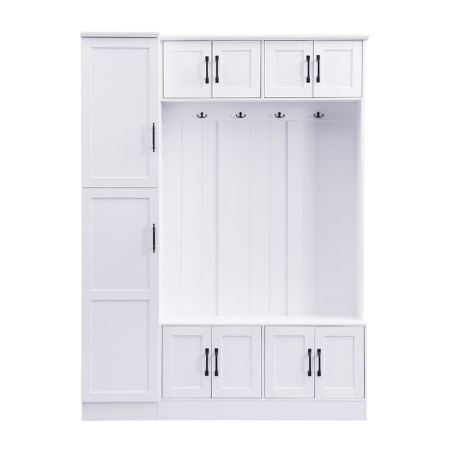 VIBE HAUS 79'' Tall Modern Hall Tree with Shoe Storage, 4-in-1 Entryway Bench with 6 Cabinets, 4 Coat Hooks & Adjustable Shelf for Hallway, living room, White