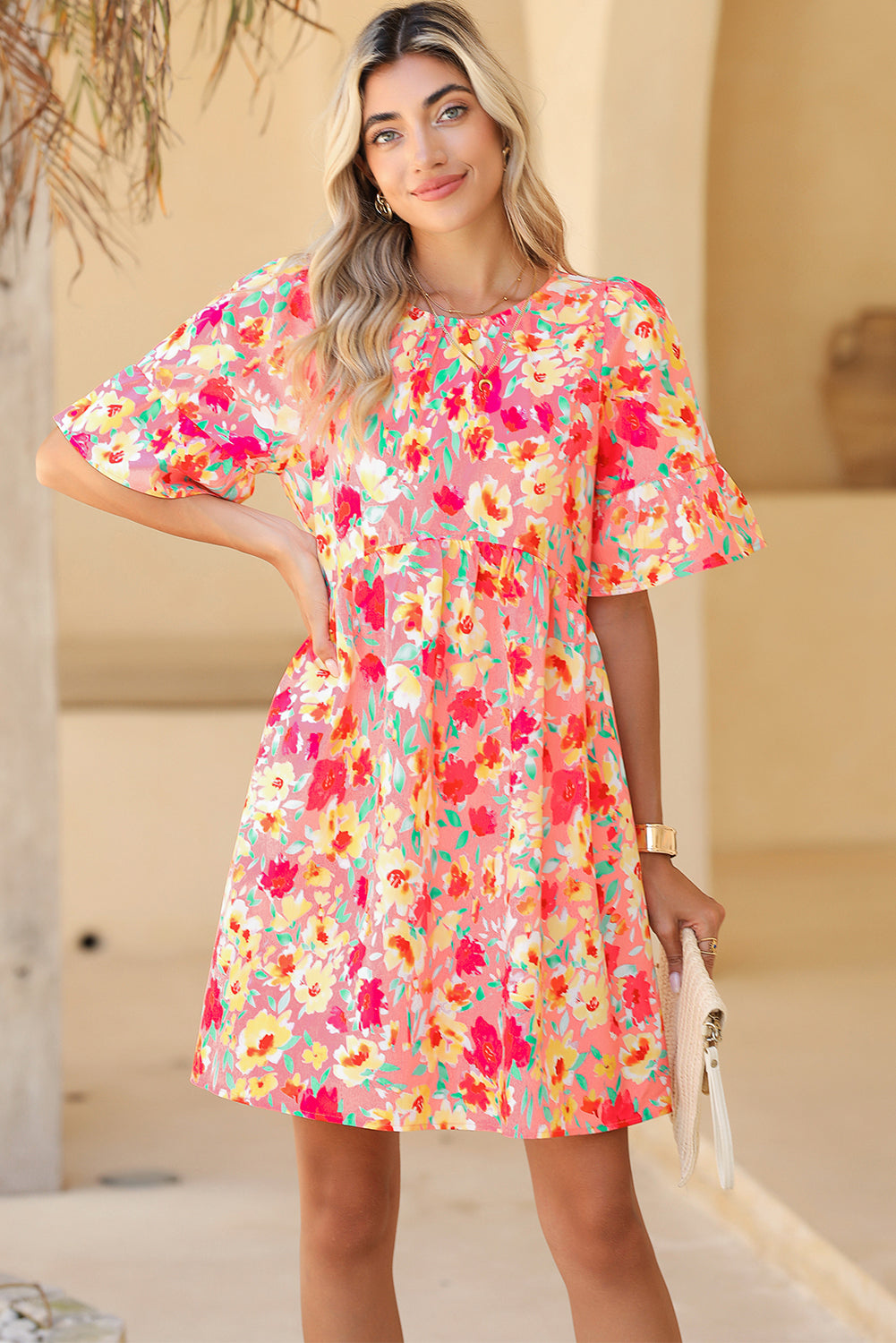 Multicolor Floral Print Flounce Sleeve Pleated Mini Dress - Eloy Royal