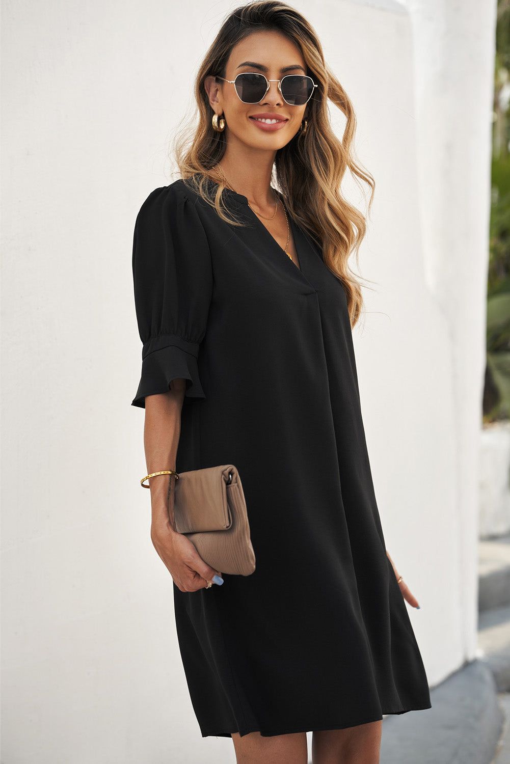 Black Split V Neck Short Sleeve Casual Tunic Dress - Eloy Royal