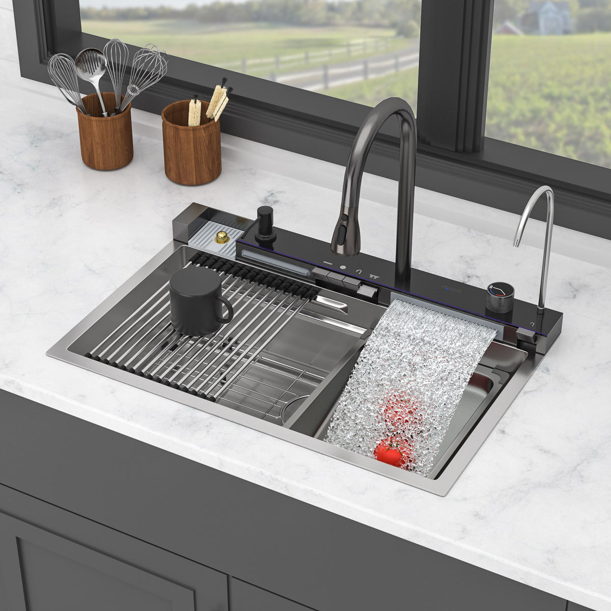 30' Kitchen Sink Waterfall Sink - 30 x 19 x 9 inch Multifunction Single Bowl 16 Gauge Stainless Steel Ledge Workstation Smart Top Mount Kitchen Sinks