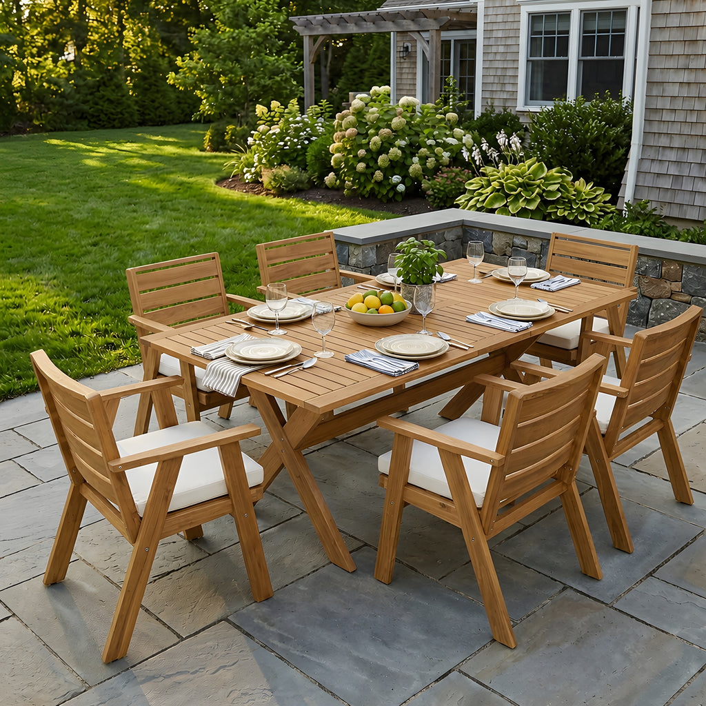 7 Pieces Acacia Wood Outdoor Dining Set s,Modern 6 Chairs  1 Large Table,Dining Furniture Set for Lawn, Backyard, Garden Deck,Poolside,Teak
