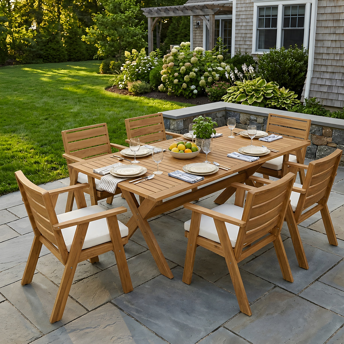 7 Pieces Acacia Wood Outdoor Dining Set s,Modern 6 Chairs  1 Large Table,Dining Furniture Set for Lawn, Backyard, Garden Deck,Poolside,Teak