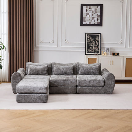 Foldable Wave Star Modular Sofa, Chenille Fabric for Living Room & Bedroom, Instant Expansion Comfortable Creative Furniture with 1 Middle Seat, 1 Ottoman and 1 Side Chaiseest,Grey.