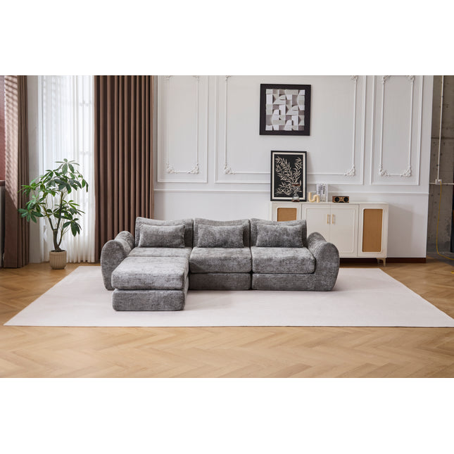 Foldable Wave Star Modular Sofa, Chenille Fabric for Living Room & Bedroom, Instant Expansion Comfortable Creative Furniture with 1 Middle Seat, 1 Ottoman and 1 Side Chaiseest,Grey.