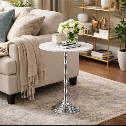 Silver Drink Table with White Marble Top Decorative Modern End Table Aluminum Base Side Table Accent Table for Living Room 10x10x26'