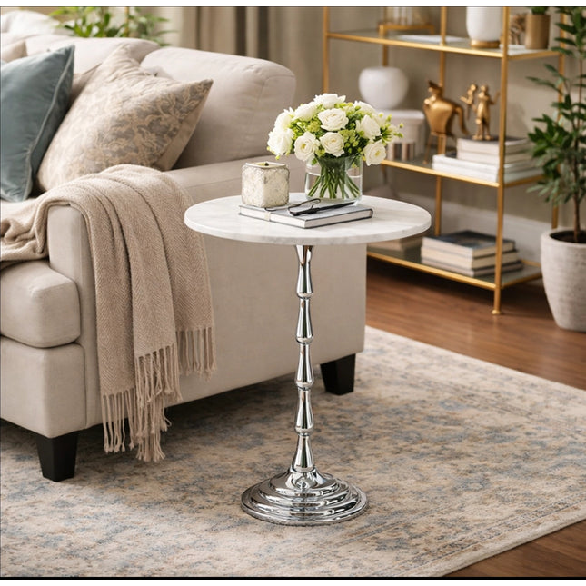 Silver Drink Table with White Marble Top Decorative Modern End Table Aluminum Base Side Table Accent Table for Living Room 10x10x26'
