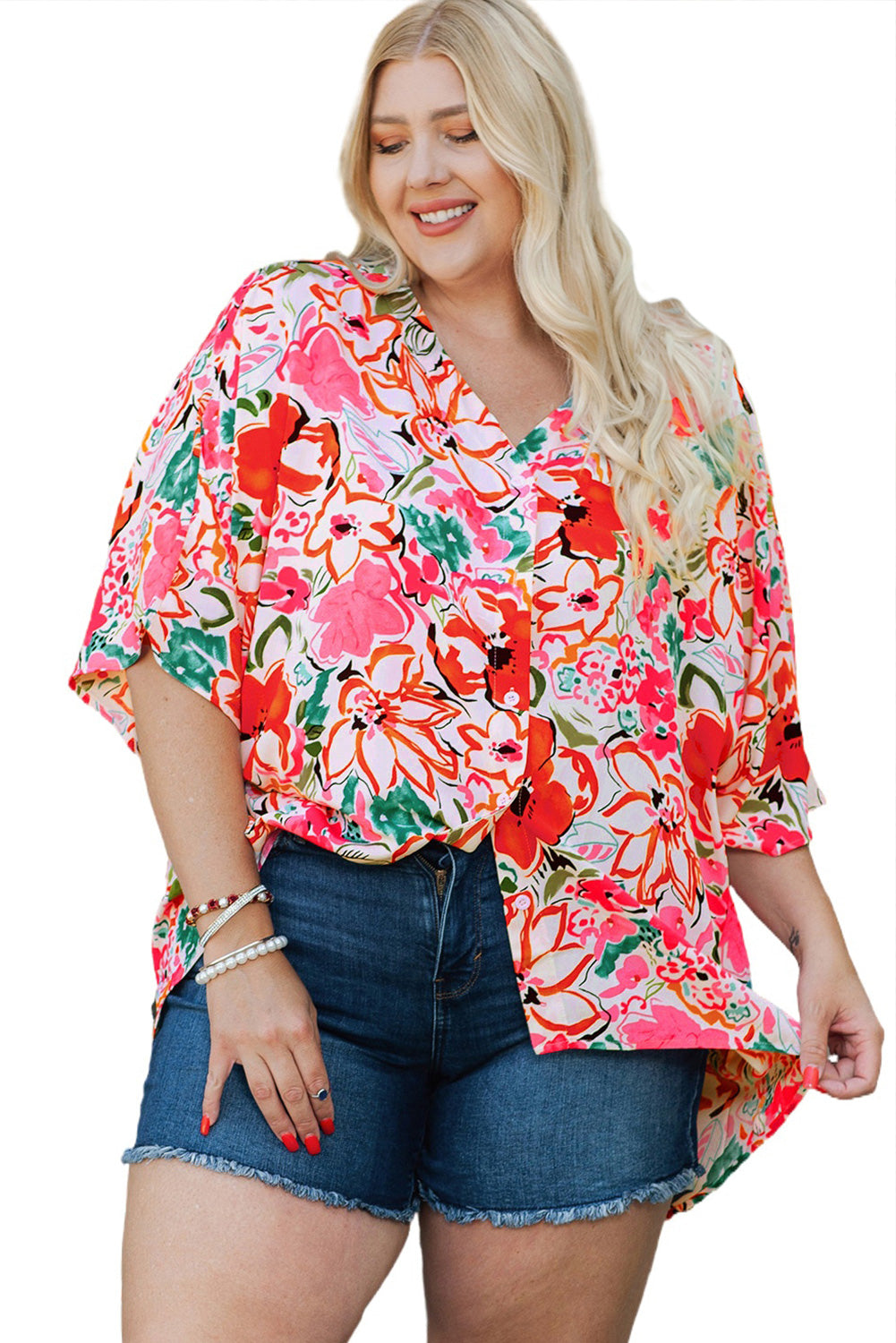 Rose Plus Size Floral Print Boho Kimono Sleeve Shirt - Eloy Royal