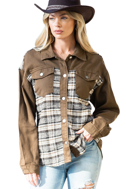 Wholesale Brown Plaid Patchwork Pockets Denim Jacket - Eloy Royal