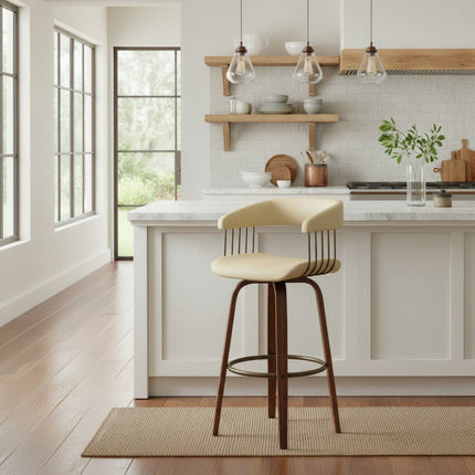 Gatopa 30.5' Swivel Walnut Wood Bar Stool in Cream Faux Leather with Golden Bronze Metal