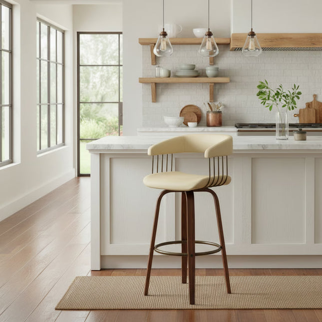 Gatopa 30.5' Swivel Walnut Wood Bar Stool in Cream Faux Leather with Golden Bronze Metal