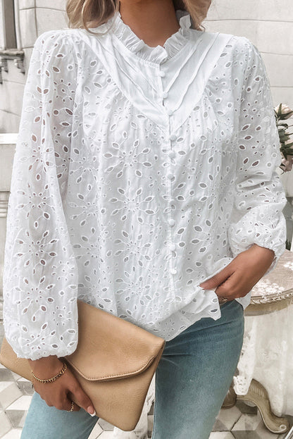 White Ruffle Stand Neck Eyelet Button Blouse