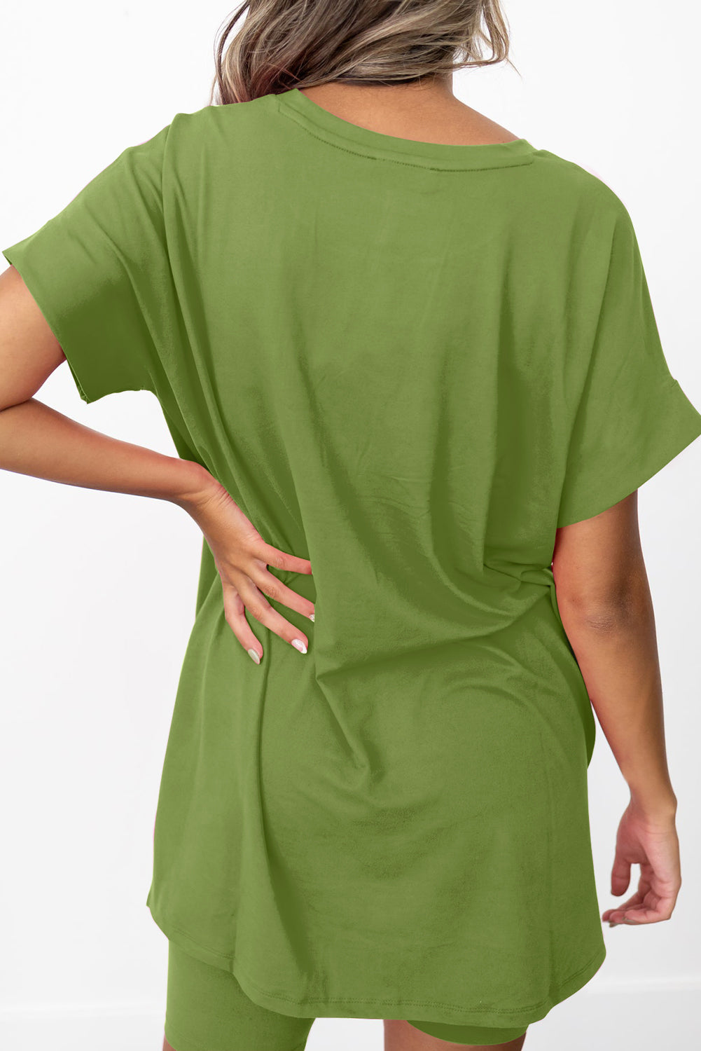 Spinach Green Solid Split Hem Tunic Tee and Tight Shorts Set - Eloy Royal