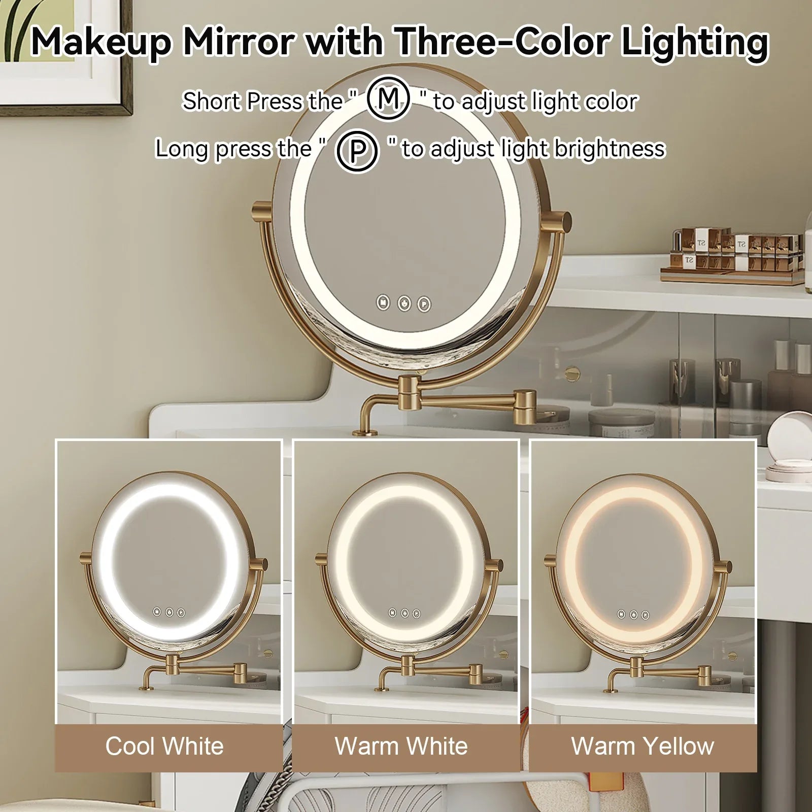 Corner Makeup Vanity Desk With Mirror & LED Lights, Modern Vanity Set With Mirror And Stool, Dressing Table With Large Storage For Small Place, Brightness Adjustable Folding Mirror, White - Eloy Royal