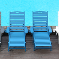 HDPE Outdoor Leisure Lounge Chair Set of Two with Four-Way Adjustable Backrest, 73 Inches Long, with Wheels and Cup Holder, Suitable for Garden, Poolside, and Beach (Blue)