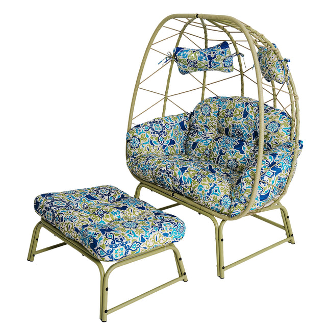 Double Patio Egg Chair with Ottoman, Wicker Outdoor Egg Chair with Cushion, 2 Person Lounge Chair with Footrest for Balcony, Garden and Backyard