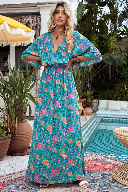 Floral Print Deep V Neck Flutter Sleeve Boho Maxi Dress - Eloy Royal