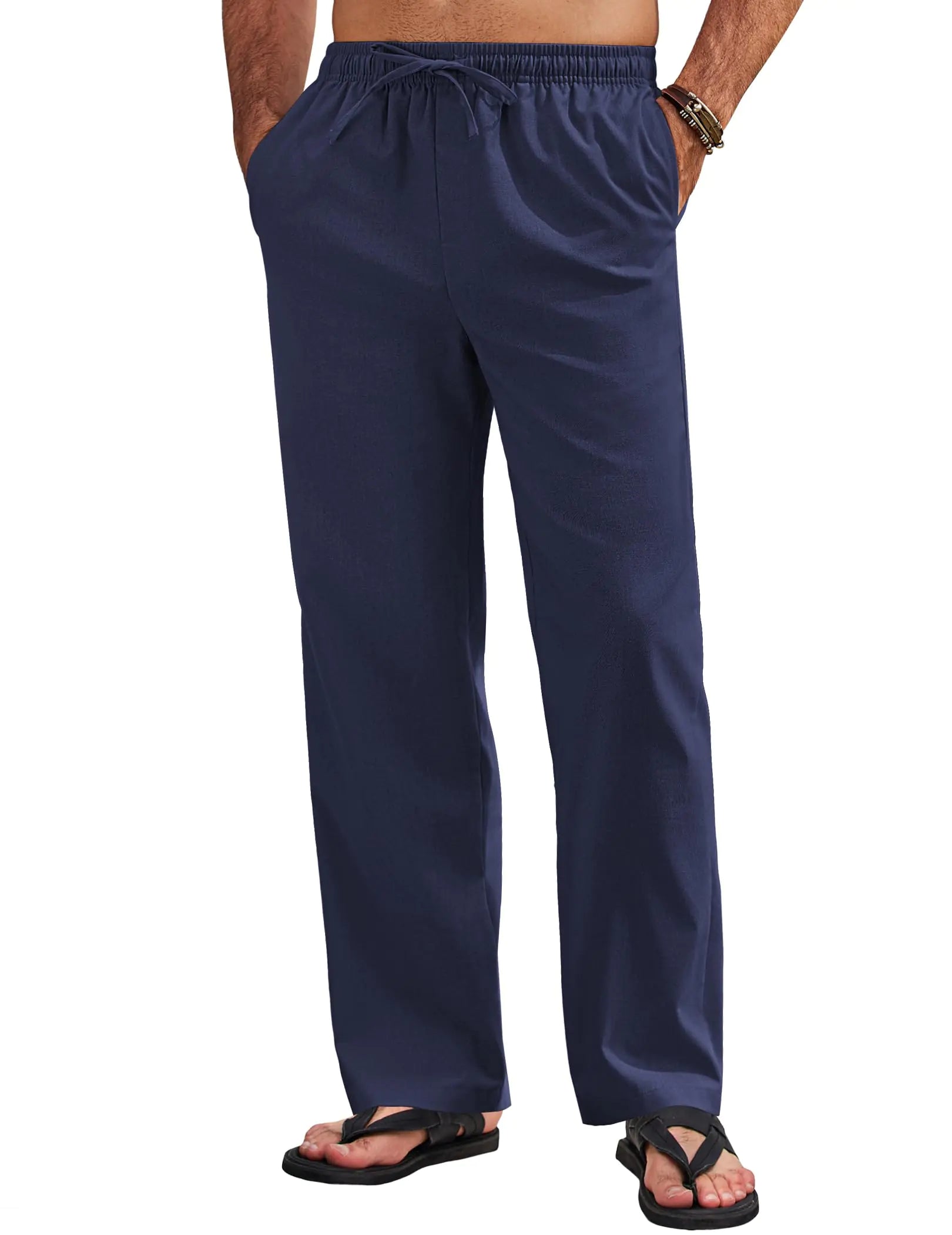 COOFANDY Mens Linen Pants Drawstring Casual Loose Fit Beach Summer Yoga Pants Lightweight Linen Trousers Navy Blue M