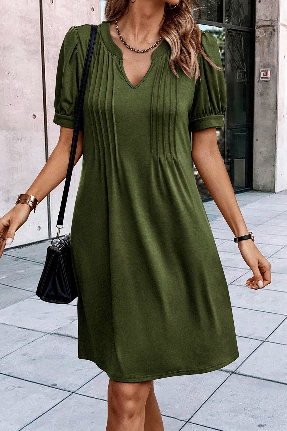 Desert Palm Notched Neck Pleated Puff Sleeve T Shirt Dress - Eloy Royal