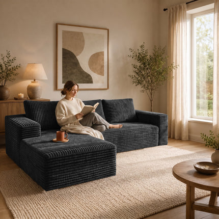 Modern Black Corduroy Sectional Sofa with Left-Facing Chaise, L-Shaped Couch with Deep Seats & Soft Cushions, Contemporary Velvet-Like Upholstery for Living Room, Apartment (96.65' W)