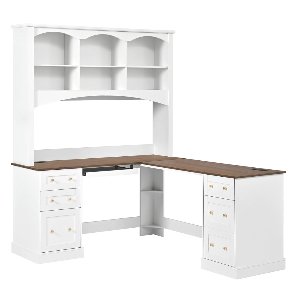 Space-Saving L-Shaped Computer Desk with Keyboard Tray & Charging Stations, Farmhouse Walnut Corner Desk with Arched Hutch, All-in-One Home Office Desk with File Drawers for Study, Office, White
