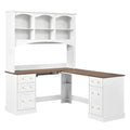 Space-Saving L-Shaped Computer Desk with Keyboard Tray & Charging Stations, Farmhouse Walnut Corner Desk with Arched Hutch, All-in-One Home Office Desk with File Drawers for Study, Office, White