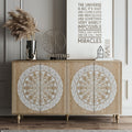 60' Vintage Mandala Carved Oak Grain Sideboard, 4 Door Boho Buffet Cabinet, Mid-Century Elevated Legs Storage Credenza for Entryway, Dining Room, Living Room