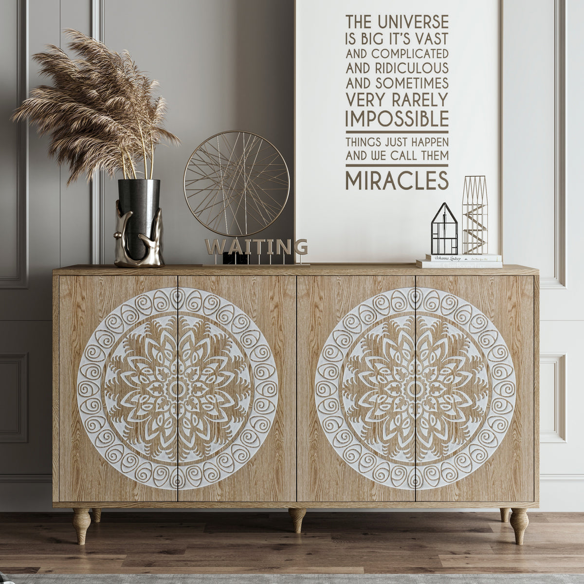 60' Vintage Mandala Carved Oak Grain Sideboard, 4 Door Boho Buffet Cabinet, Mid-Century Elevated Legs Storage Credenza for Entryway, Dining Room, Living Room