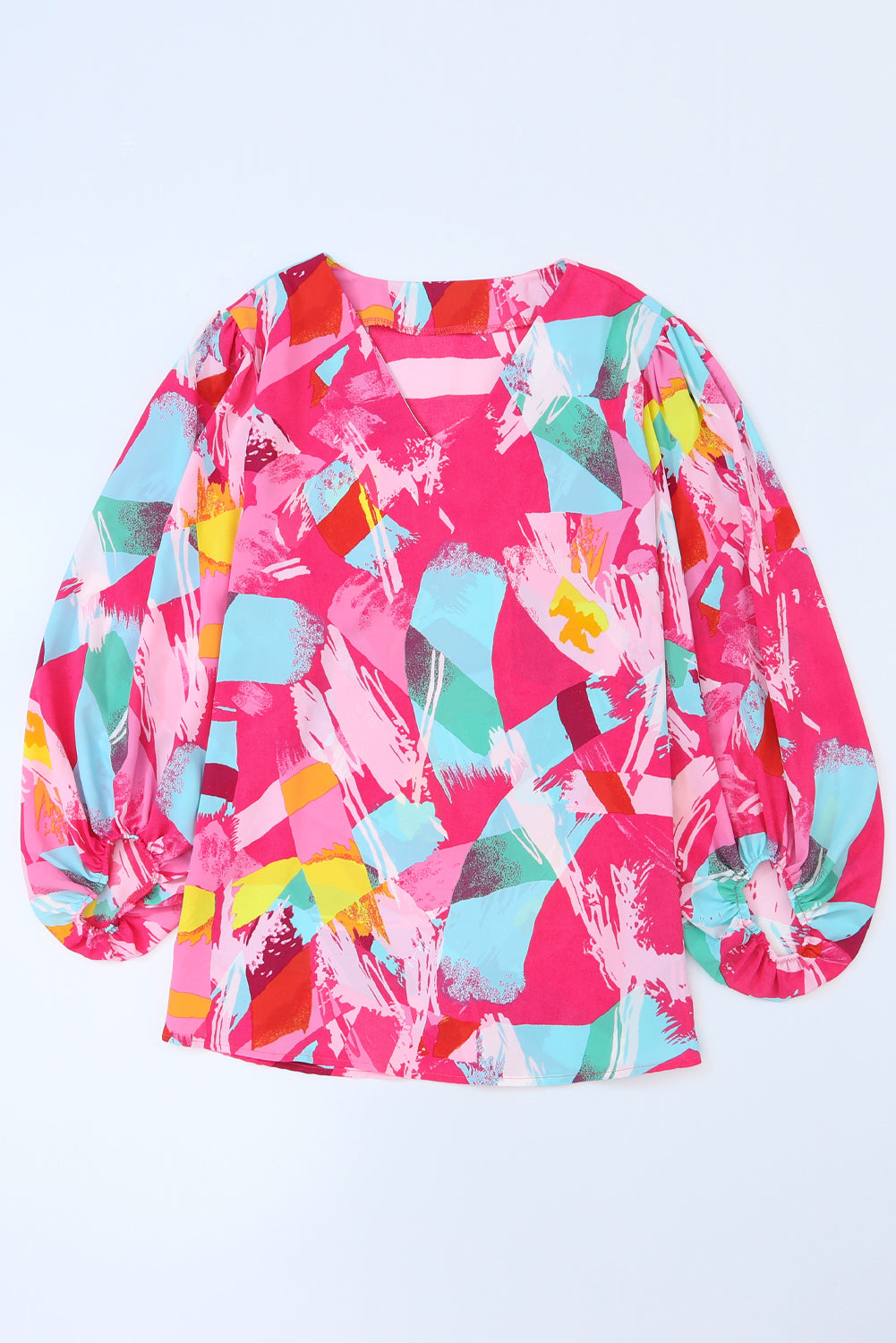 Pink Plus Size Graffiti Print Split Neck Puff Sleeve Blouse - Eloy Royal