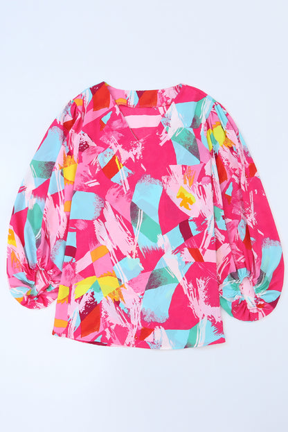 Pink Plus Size Graffiti Print Split Neck Puff Sleeve Blouse - Eloy Royal