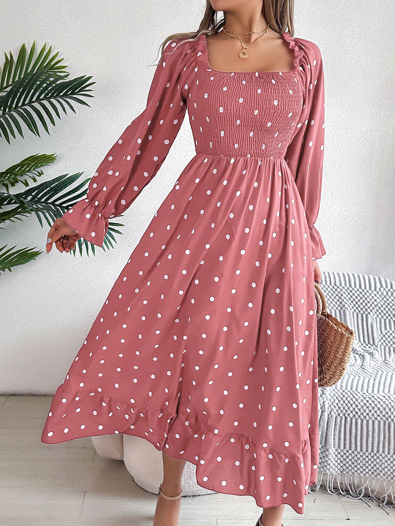 Casual Square Collar Polka Dot Swing Dress With Wooden Ears