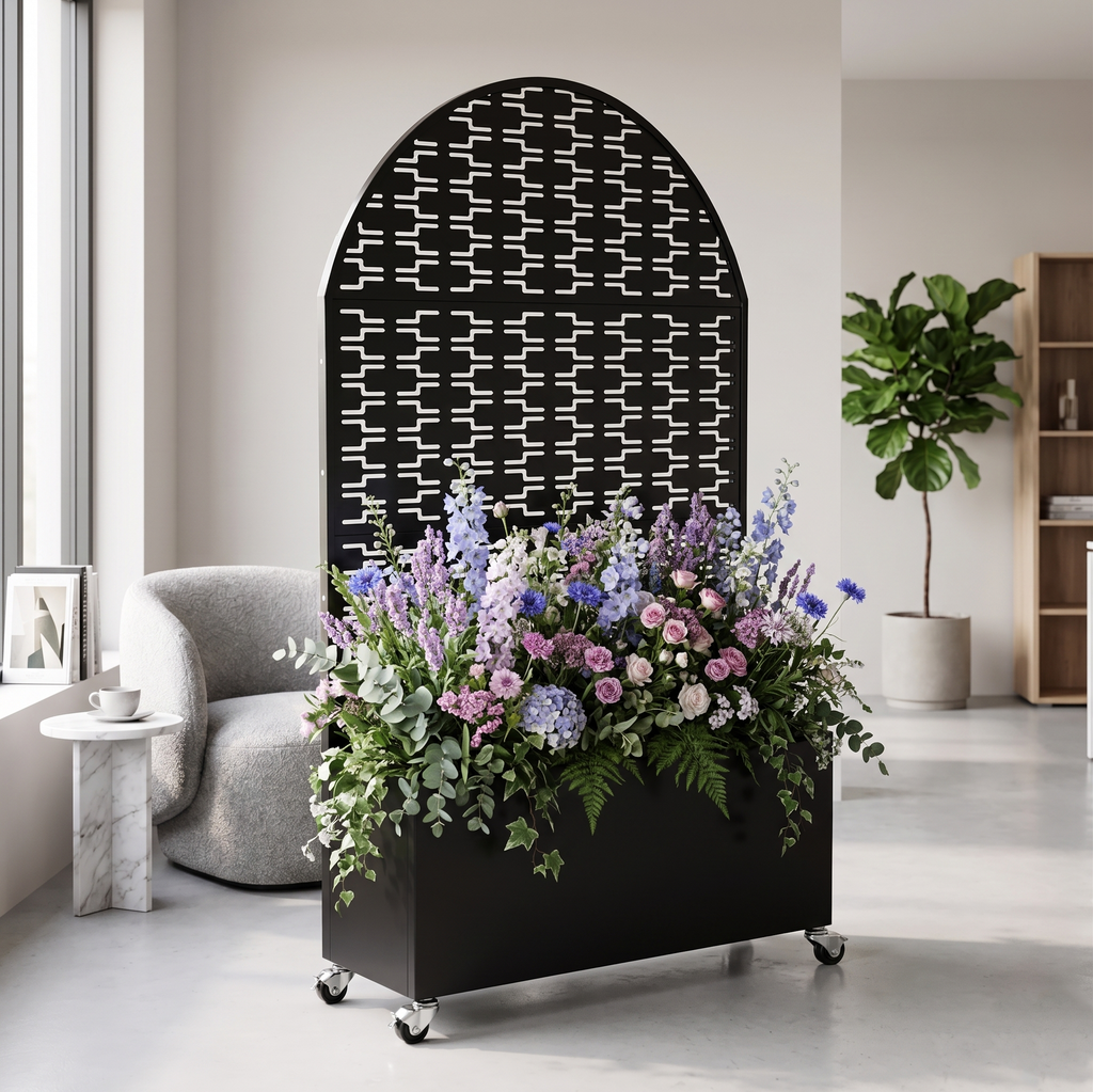 Arched Decorative Privacy Screen with Planter Box, 70.87' Tall Metal Freestanding Fence Planter, 35.04'×15.75'×16.92' Planter Box for Patio Balcony Backyard