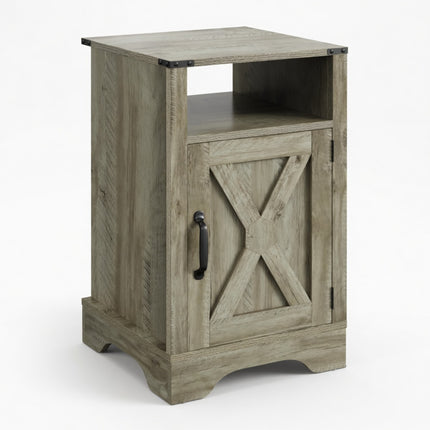 Light Grey Farmhouse Nightstand with Charging Station & Storage, 16'W x 16'D x 25'H, Durable MDF and Engineered Wood