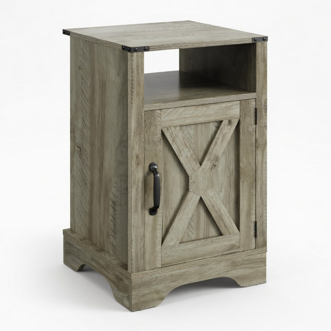 Light Grey Farmhouse Nightstand with Charging Station & Storage, 16'W x 16'D x 25'H, Durable MDF and Engineered Wood