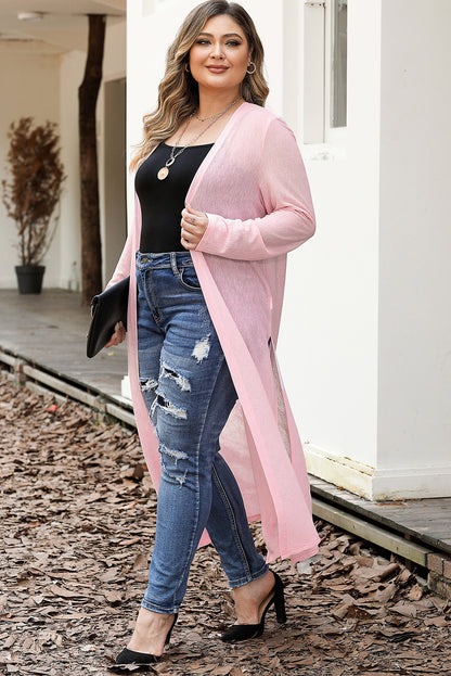 Pink Sheer Knitted Long Side Slit Plus Size Cardigan - Eloy Royal