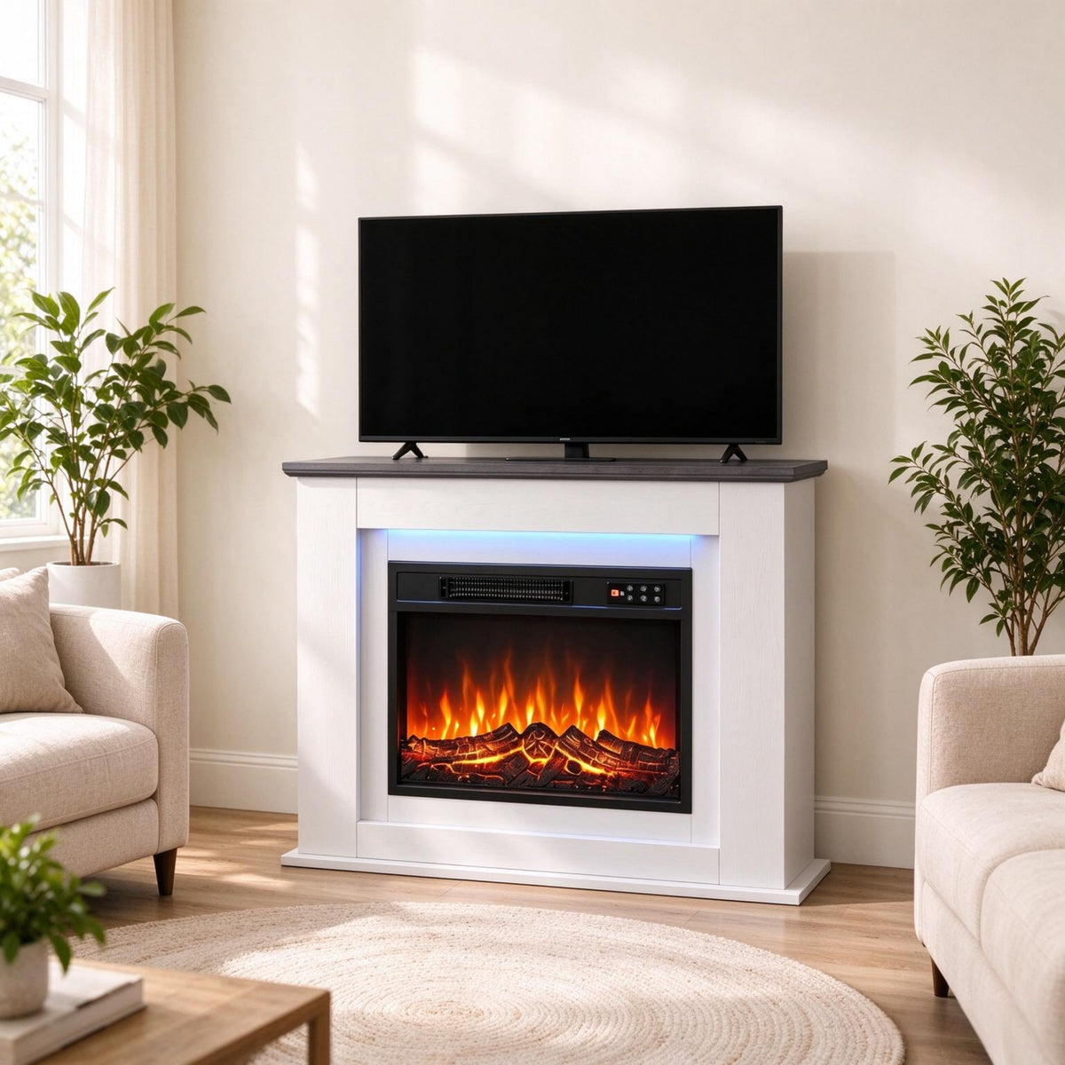 Electric Fireplace Mantel TV Stand for 55' TV, Adjustable Flame with LED Strip Lighting(Only Electric Fireplace)