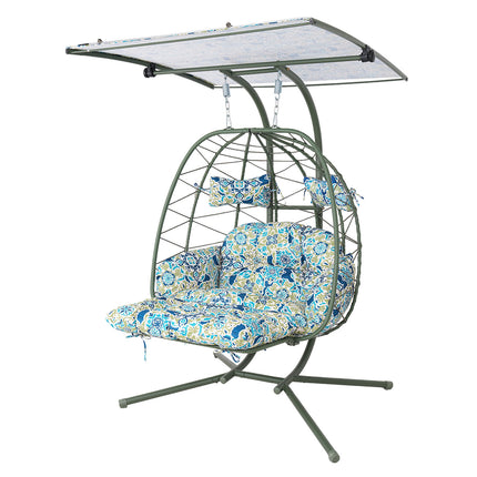 2-Person Wicker Hanging Egg Chair with Adjustable Canopy & Footrest, Double Patio Swing Chair with Stand, 660LBS Capacity Indoor Outdoor Hammock Chair with Cushions for Balcony, Garden, Backyard