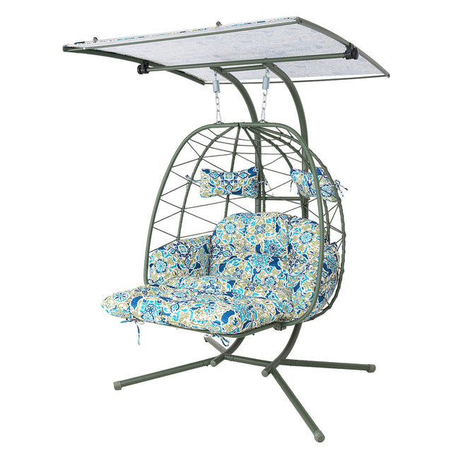 2-Person Wicker Hanging Egg Chair with Adjustable Canopy & Footrest, Double Patio Swing Chair with Stand, 660LBS Capacity Indoor Outdoor Hammock Chair with Cushions for Balcony, Garden, Backyard
