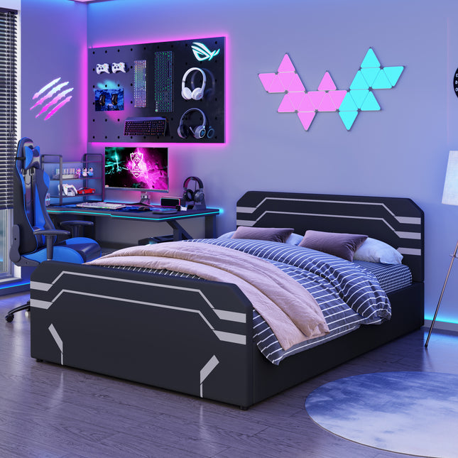 Queen Size Upholstered Gaming Bed with Side-Lift Hydraulic Storage System, Cyberpunk Style Platform Bed with Futuristic Pattern for Gamers & Gen Z, Black+Gray