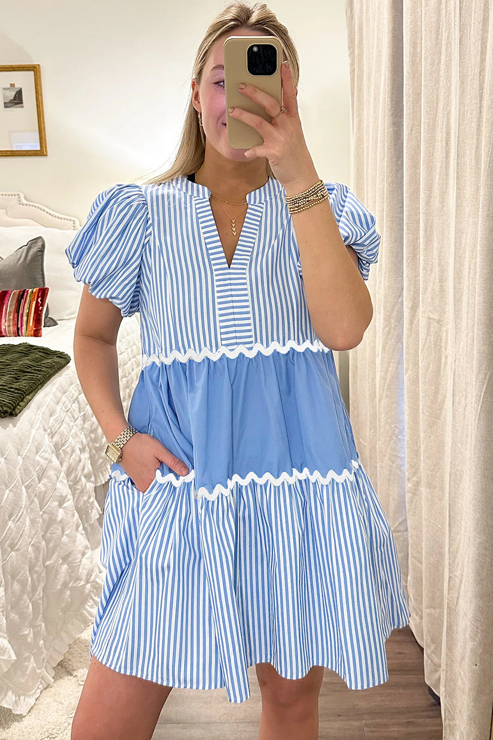 Sky Blue Striped Patchwork Puff Sleeve Pocketed Mini Dress - Eloy Royal