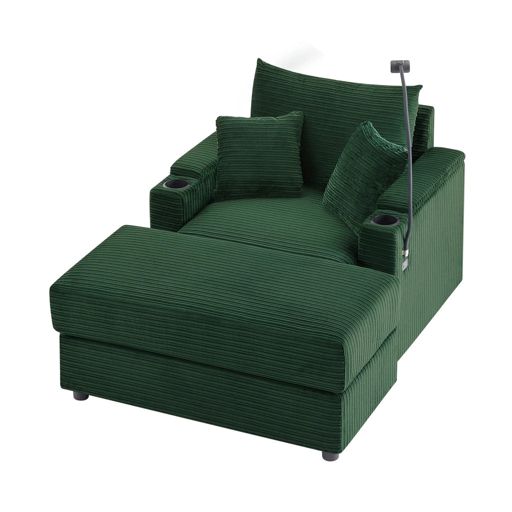 Modern Style Single Sofa Couch with Storage, USB Ports, Cup Holders, Green Corduroy - Eloy Royal