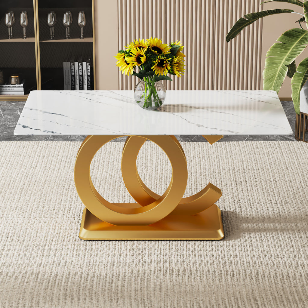 A large modern minimalist rectangular dining table suitable for 6-8 people, equipped with gold MDF OC shaped brackets and aureate base, suitable for kitchen,dining room.W1151S00766/W1151S04031