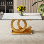 A large modern minimalist rectangular dining table suitable for 6-8 people, equipped with gold MDF OC shaped brackets and aureate base, suitable for kitchen,dining room.W1151S00766/W1151S04031