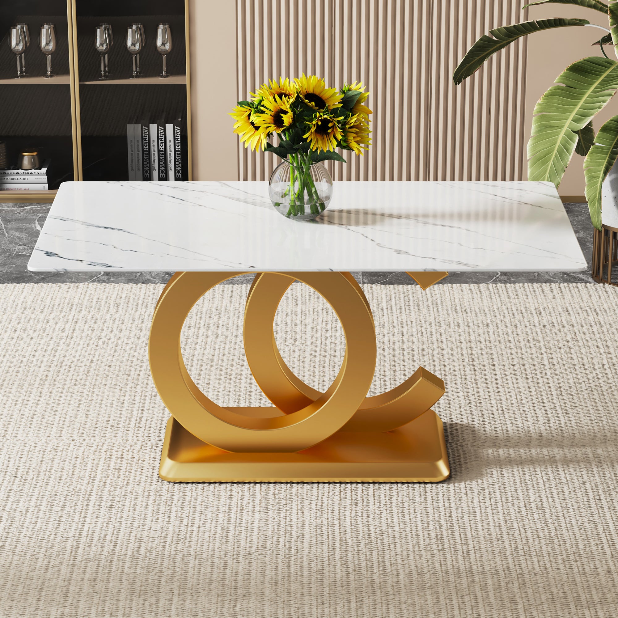 A large modern minimalist rectangular dining table suitable for 6-8 people, equipped with gold MDF OC shaped brackets and aureate base, suitable for kitchen,dining room.W1151S00766/W1151S04031