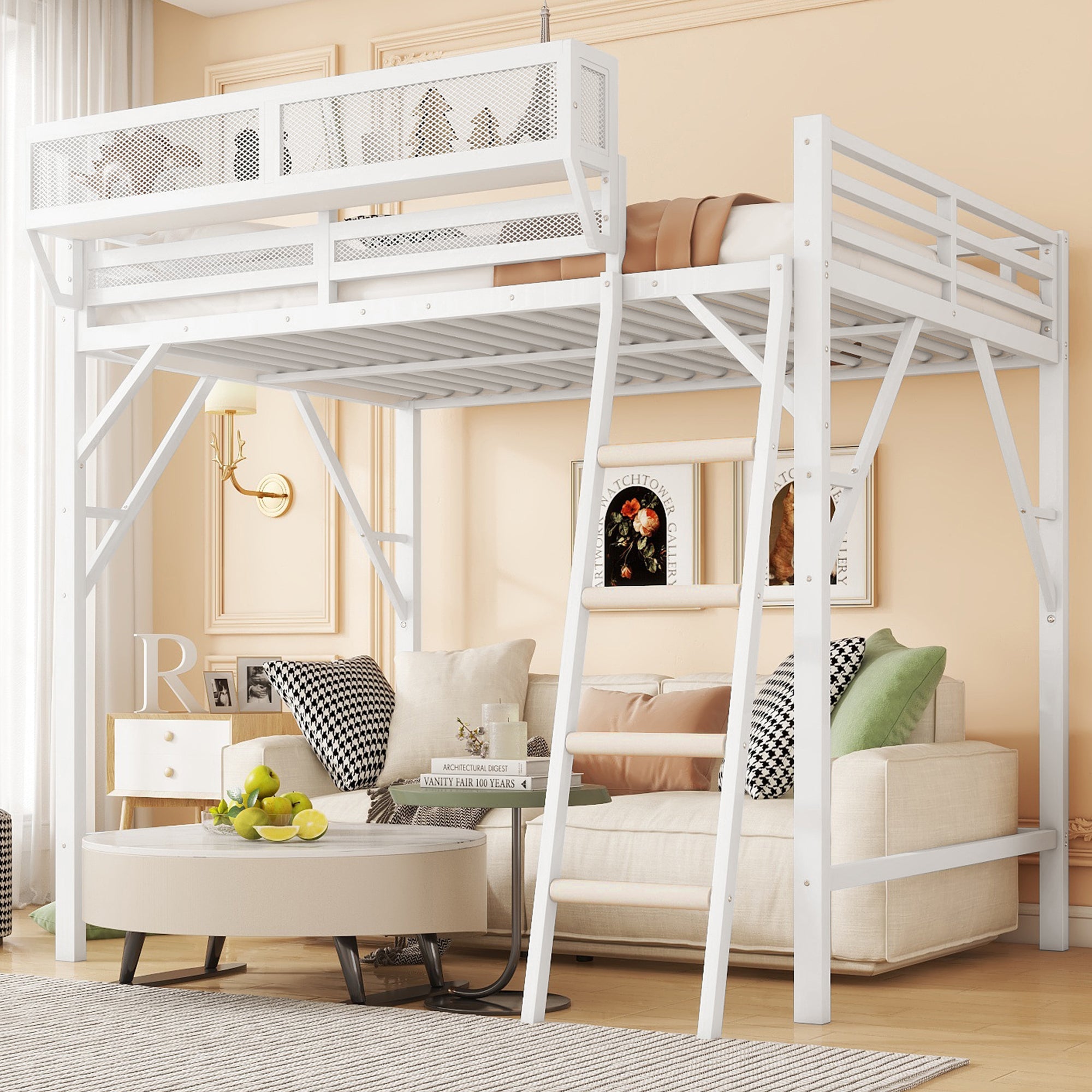 Queen Size Loft Bed with Ladder, Metal Queen Loft Bed with Storage Shelves, High Loft Bed for Kids Teens, White(Expect Arrival Date 2025/12/3  Old SKU W2580P351278)