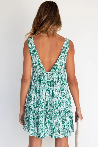 Evergreen Sleeveless Leaf Print V Neck Backless A Line Short Dress - Eloy Royal