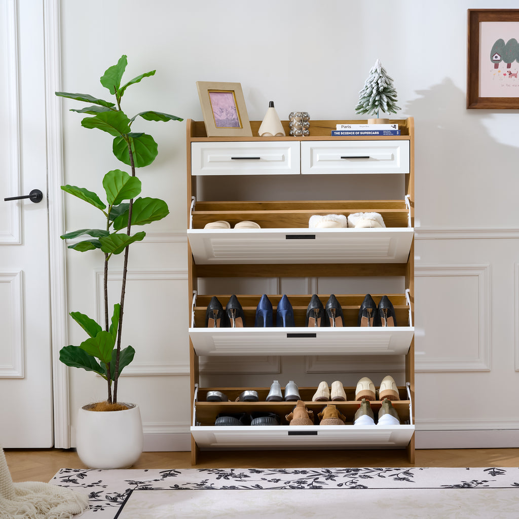 Two drawers, three-fold doors, large storage shoe cabinet, white