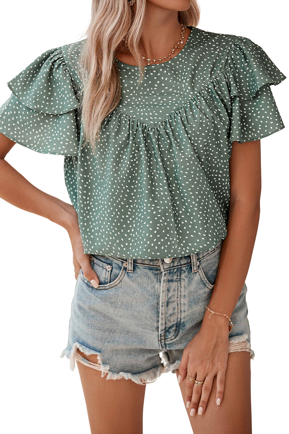 Laurel Green Spotted Print Pleated Ruffle Sleeve Blouse - Eloy Royal