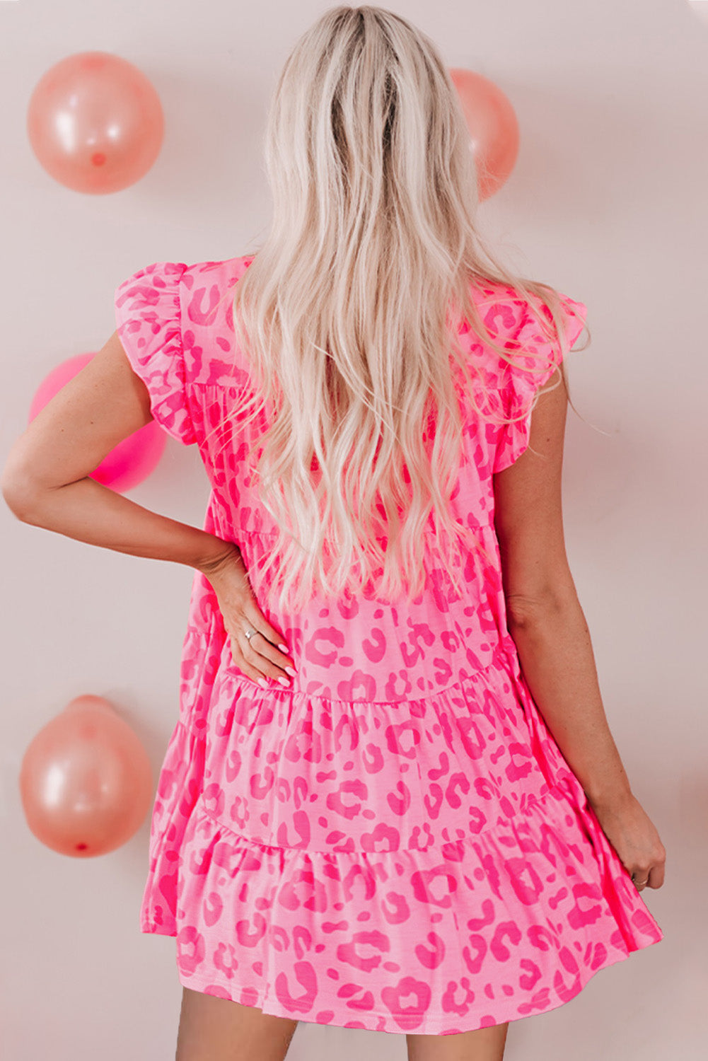 Pink Leopard Round Neck Ruffle Tiered Mini Dress - Eloy Royal