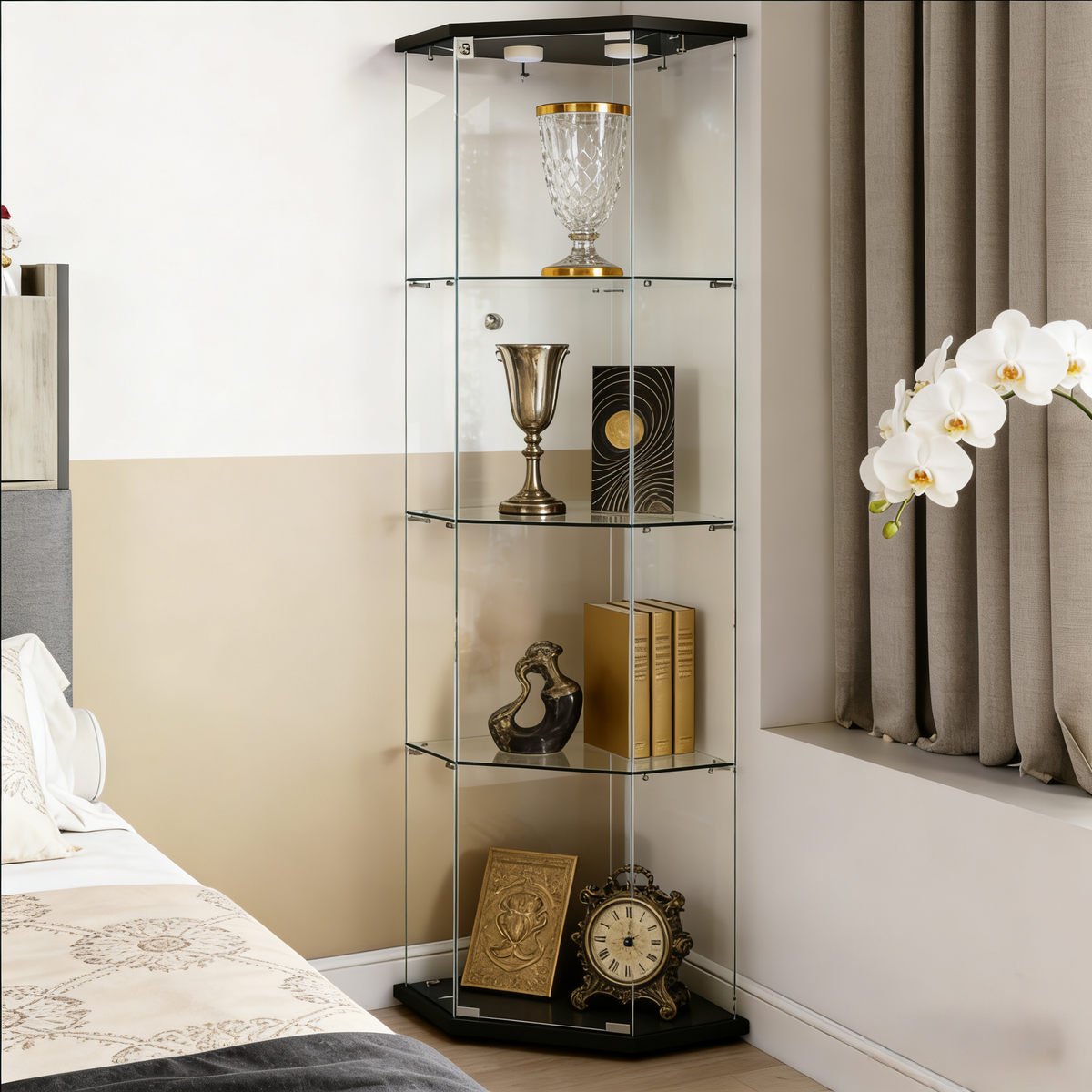 Tempered glass five-sided display cabinet,corner cabinet,liquor cabinet,with running lights,with locks,bottom equipped Adjustable foot,for various floors,living room,corridor,office,black
