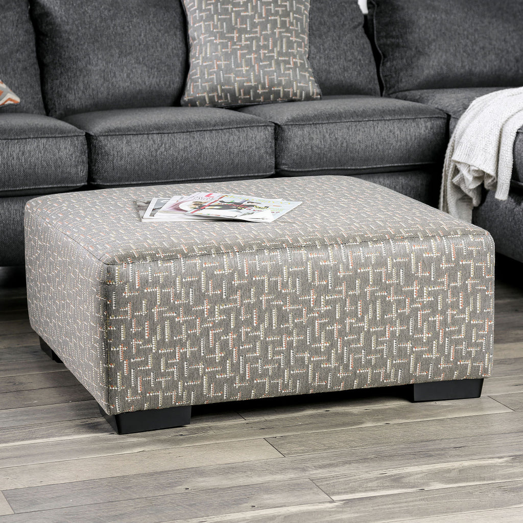 Gray Finish Transitional Style Upholstery Ottoman Block Legs Box Cushion And Medium Density Foam